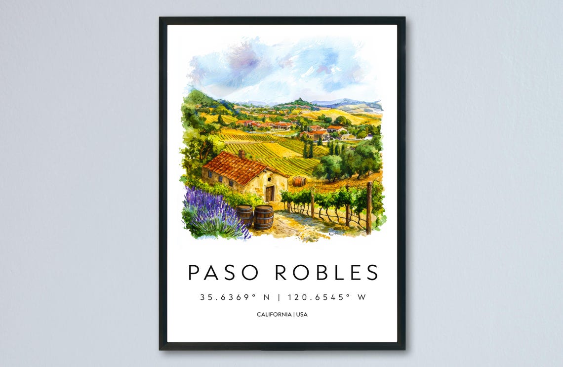 Paso Robles Watercolor Travel Poster, Wine Country