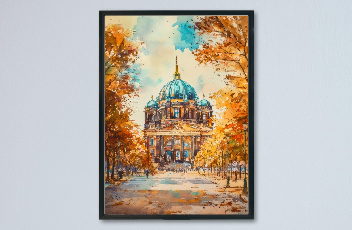 Berlin Germany Cathedral Autumn Watercolor Travel Art Poster