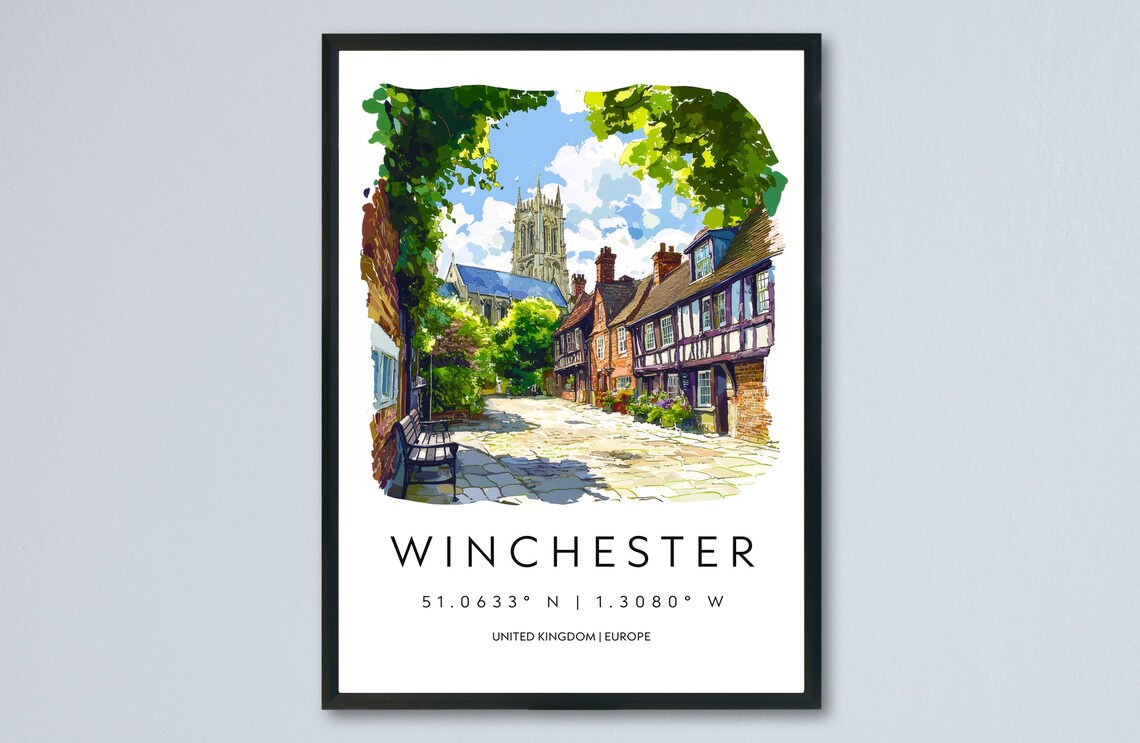 Winchester England Watercolor Cathedral Street Scene Travel Poster