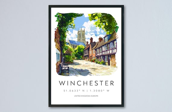 Winchester England Watercolor Cathedral Street Scene Travel Poster
