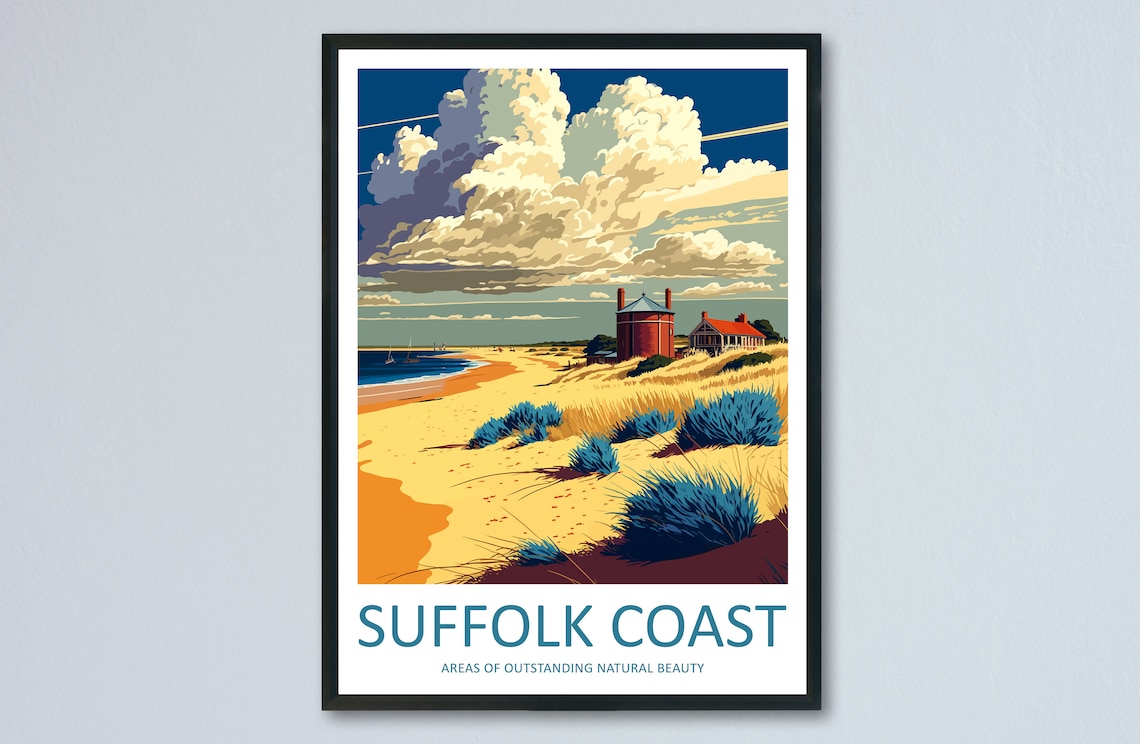 Suffolk Coast England Sandy Beach Dunes Ocean View Travel Poster