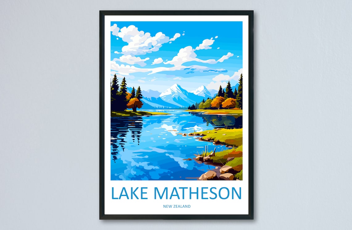 Lake Matheson Travel Poster, New Zealand Wall Art