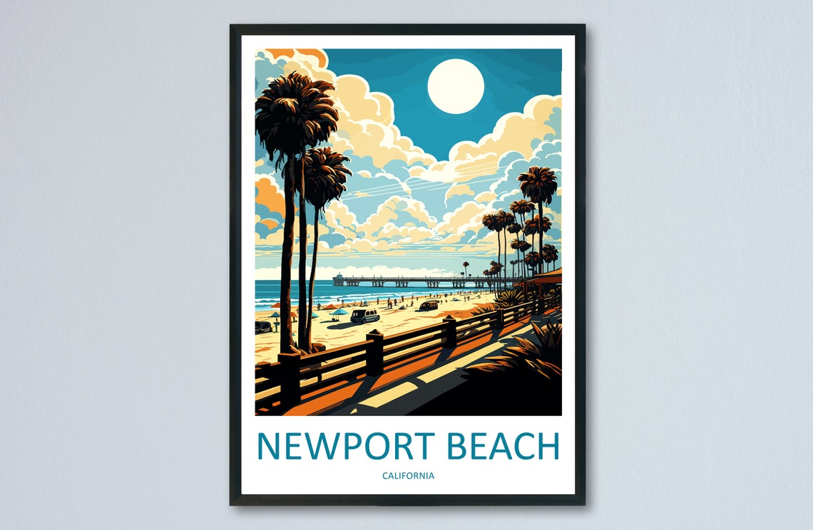 Newport Beach California Palm Promenade Pier Ocean Scene Poster