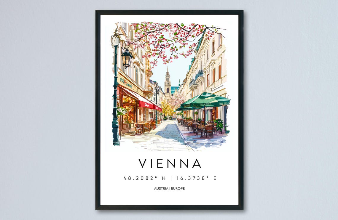 Vienna Austria Watercolor Spring Cafe Street Scene Travel Poster