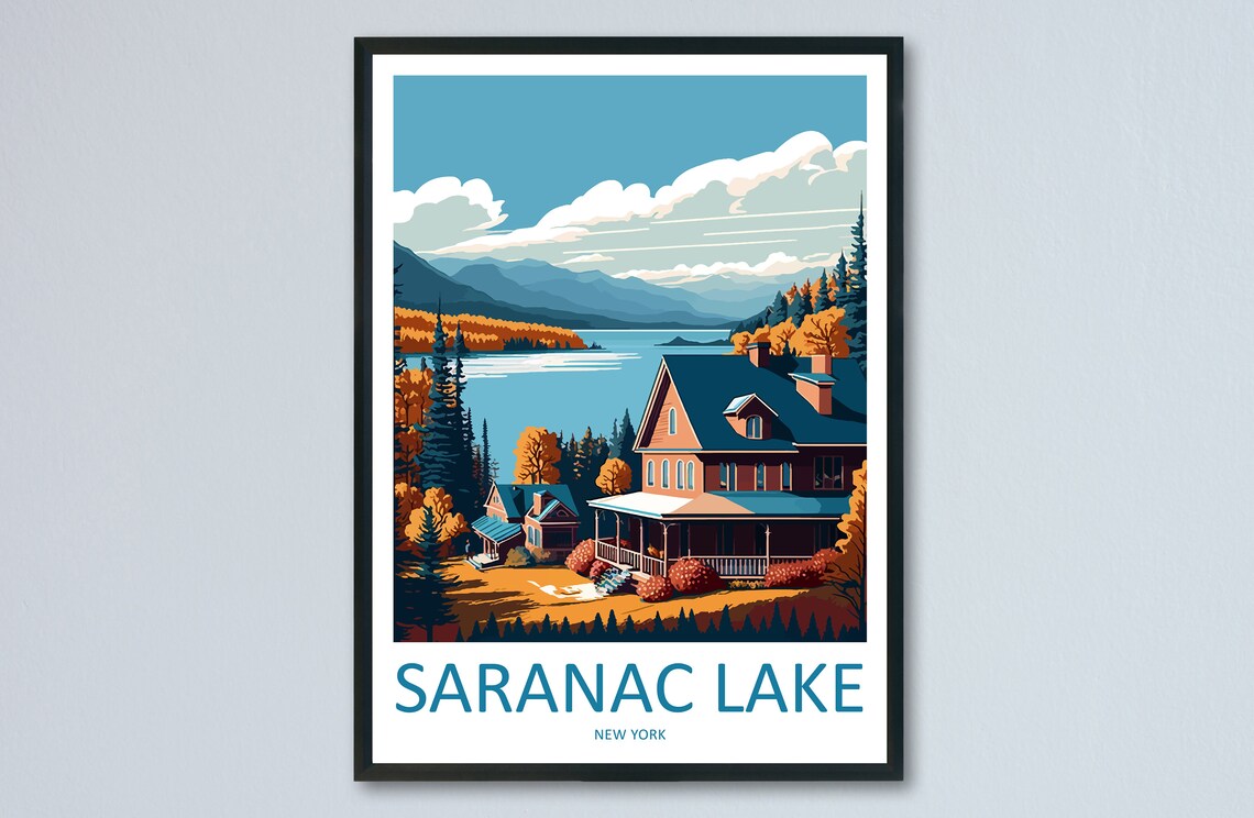 Saranac Lake New York Autumn Lodge By The Mountain Lake Poster