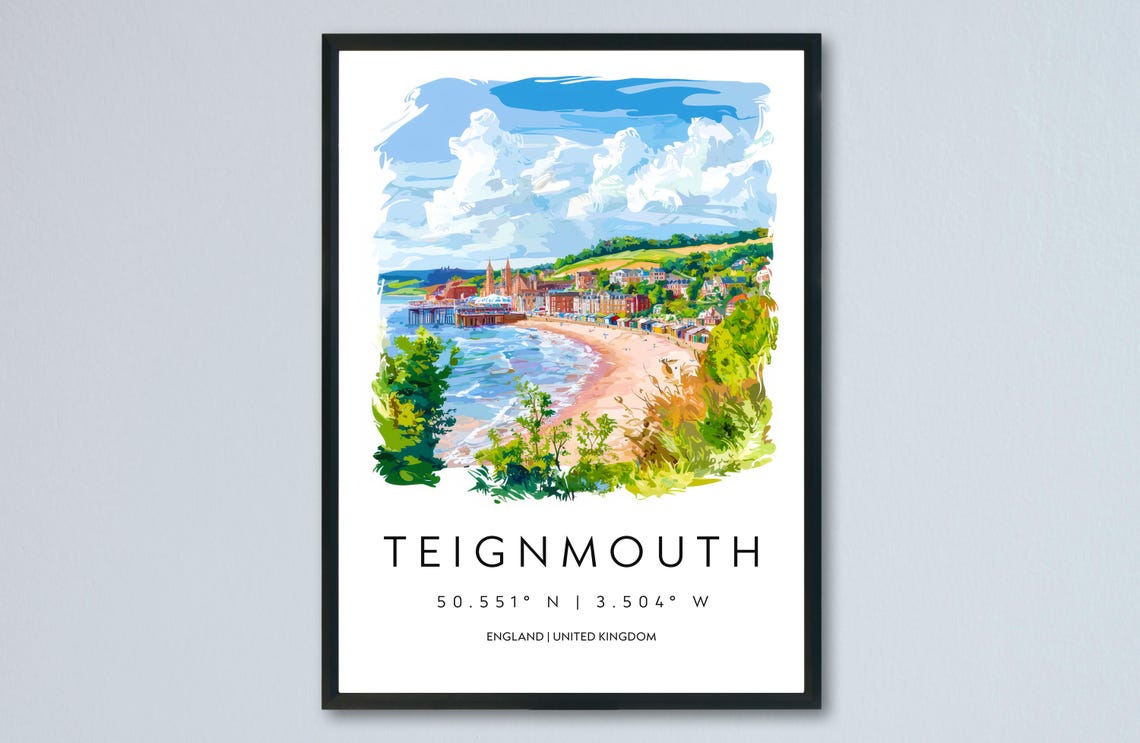 Teignmouth England Seaside Pier Beach Watercolor Travel Poster