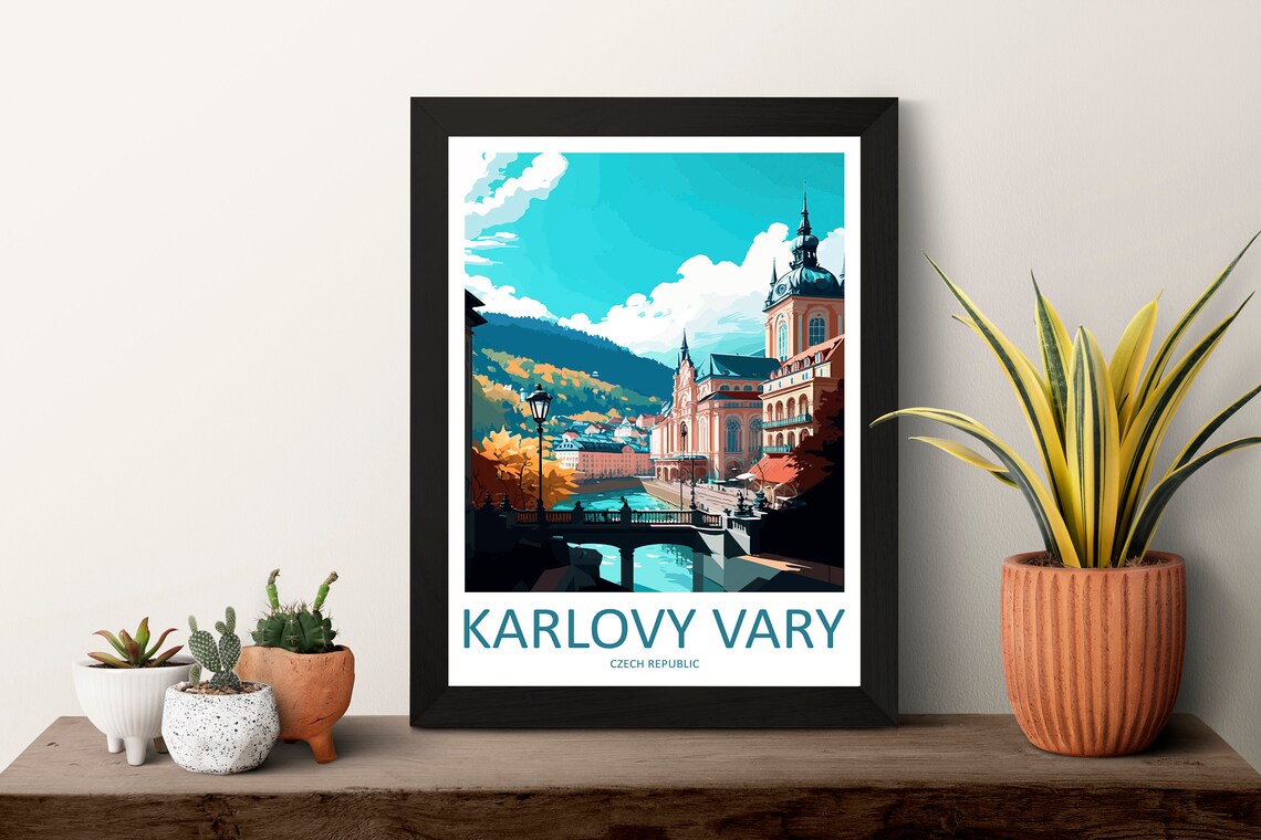 Karlovy Vary Czech Republic Riverside Spa Town Bridge Poster - Image 3