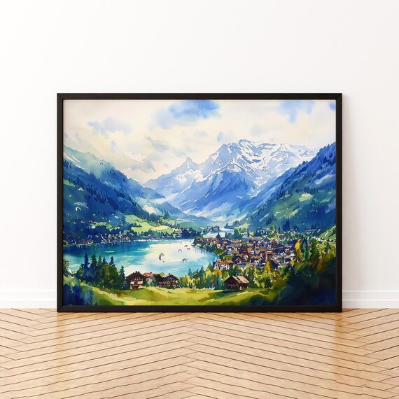 Interlaken Watercolor Poster, Switzerland Travel Poster
