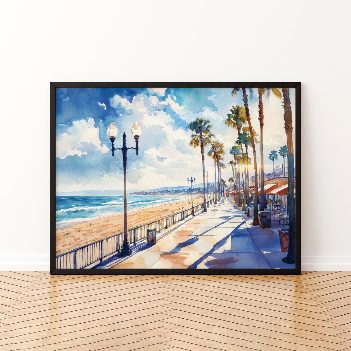 Hermosa Beach Watercolor Travel Print, Coastal City