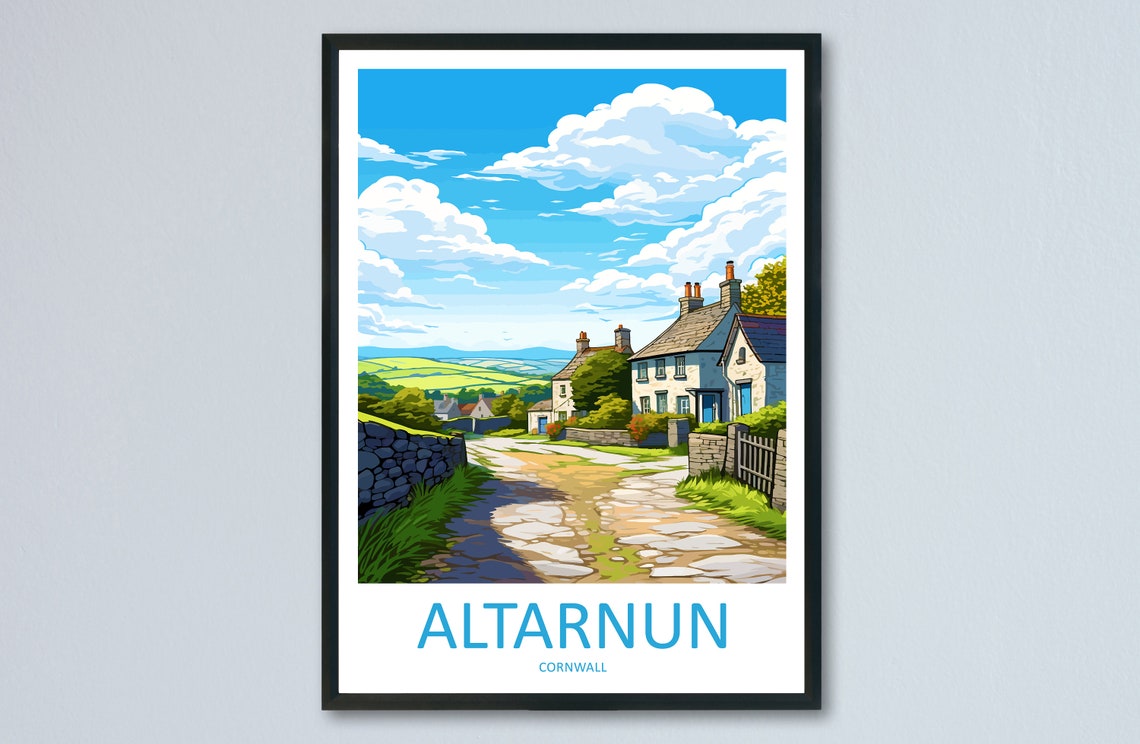 Altarnun Cornwall Stone Cottages Country Lane Travel Poster Artwork