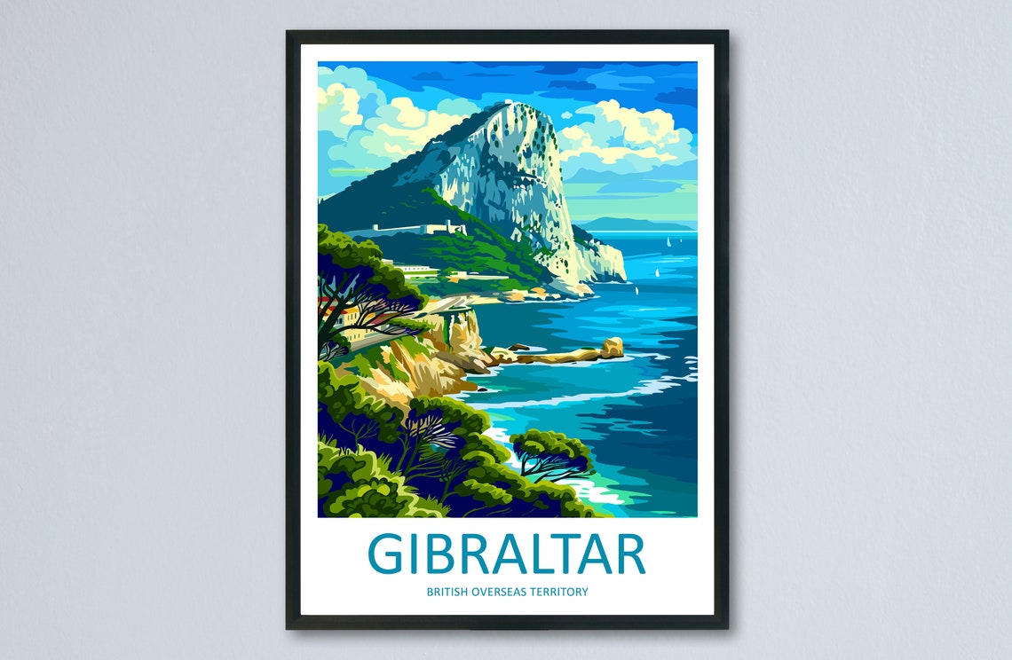 Gibraltar Rock Mediterranean Coastal Cliffs Scene Vintage Poster