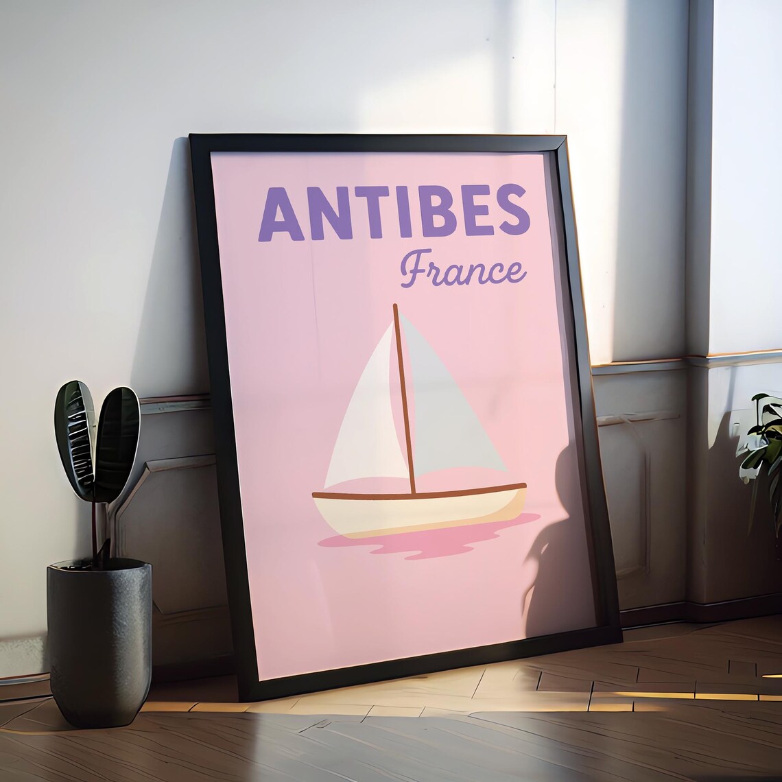 Antibes France White Sailboat Preppy Riviera Coast Travel Poster