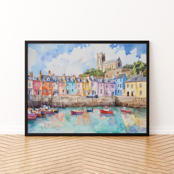 Tenby Watercolor Poster, Coastal Town Art Print