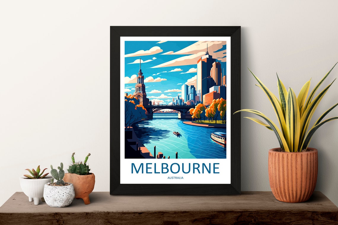 Melbourne Australia Yarra River City Skyline Retro Style Travel Poster - Image 3