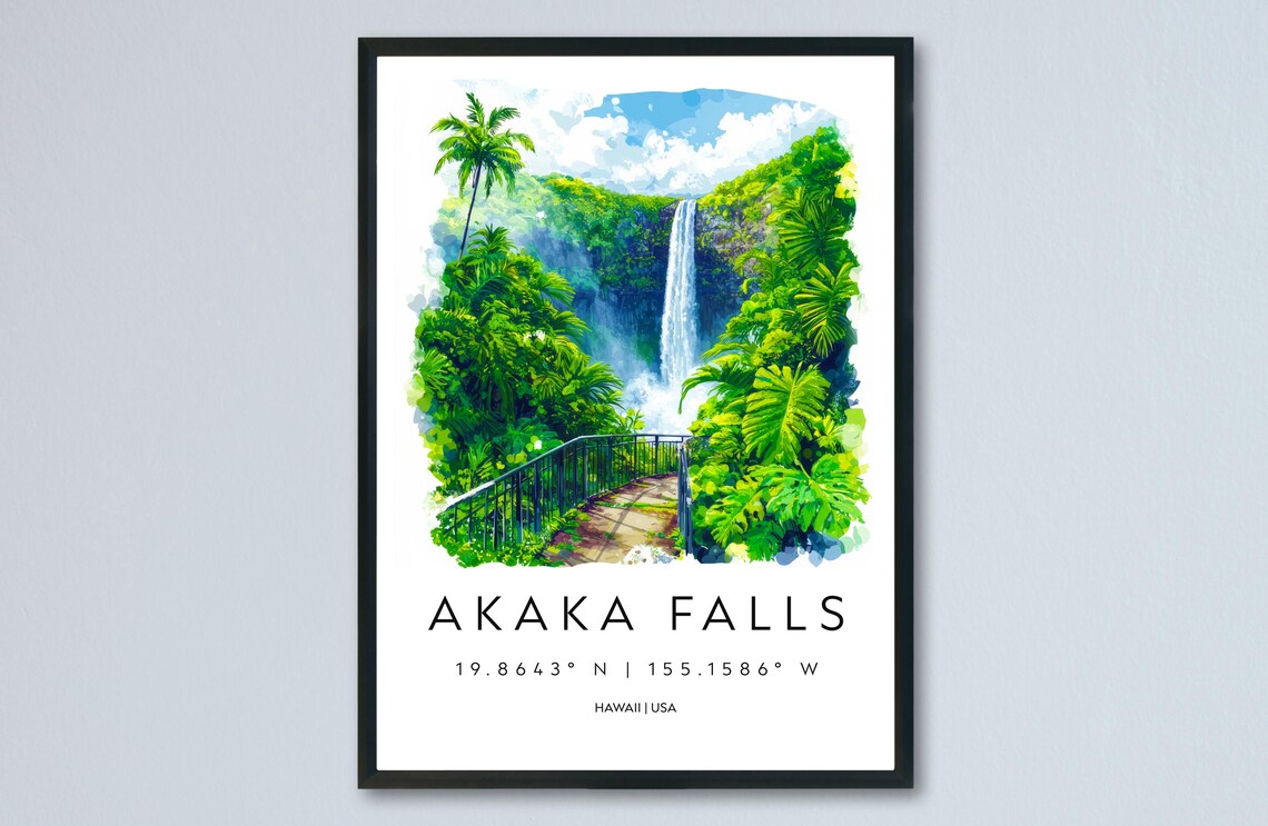 Akaka Falls Hawaii Tall Waterfall Jungle Watercolor Travel Poster