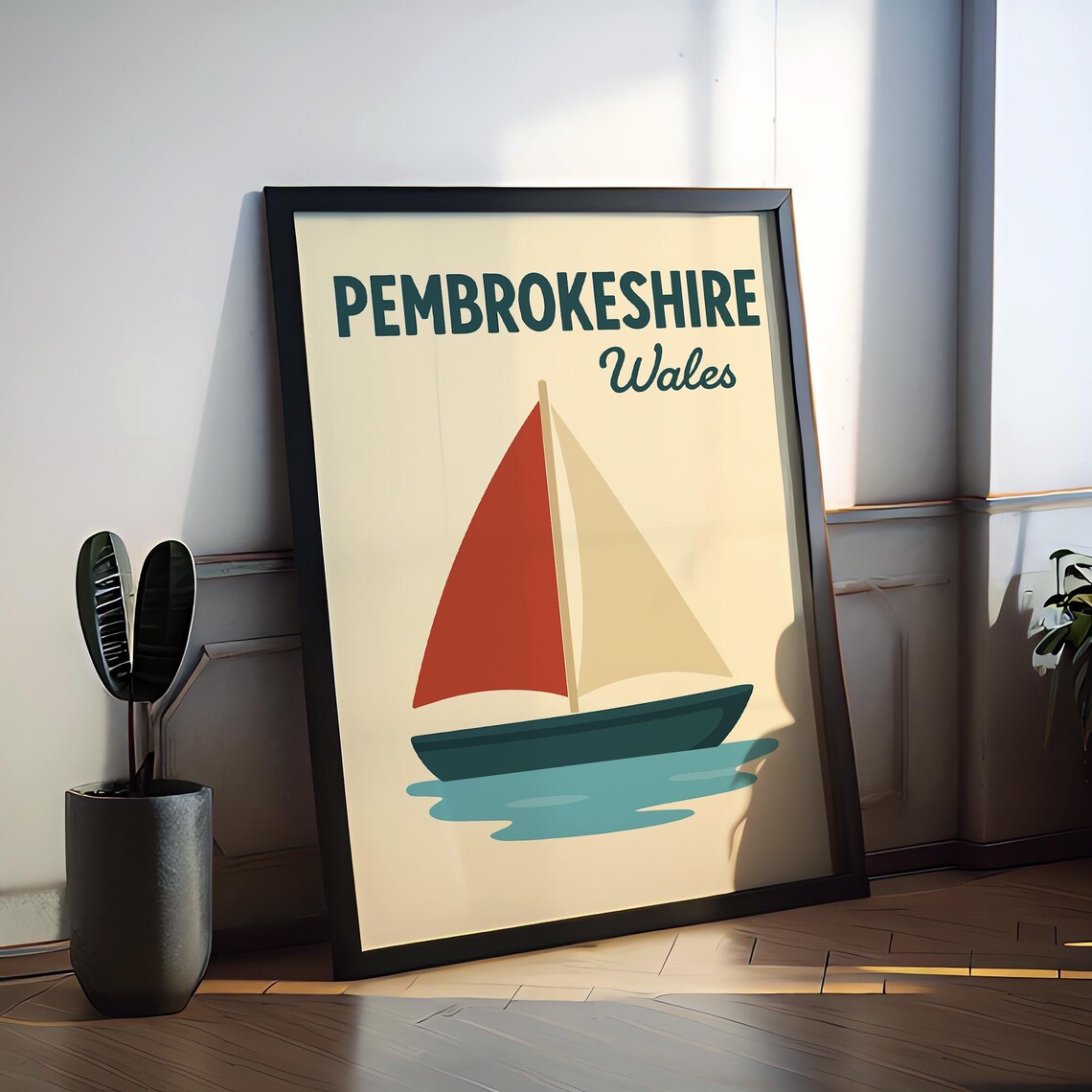 Pembrokeshire Wales Red Sailboat Preppy Coastal Travel Poster