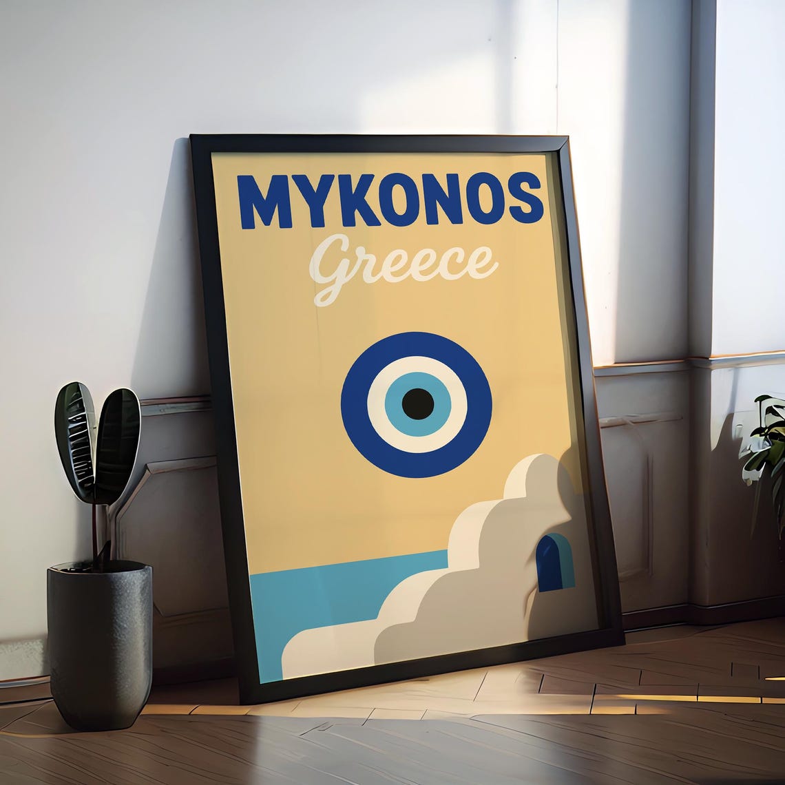 Mykonos Greece Evil Eye Amulet Island Whitewashed Travel Poster