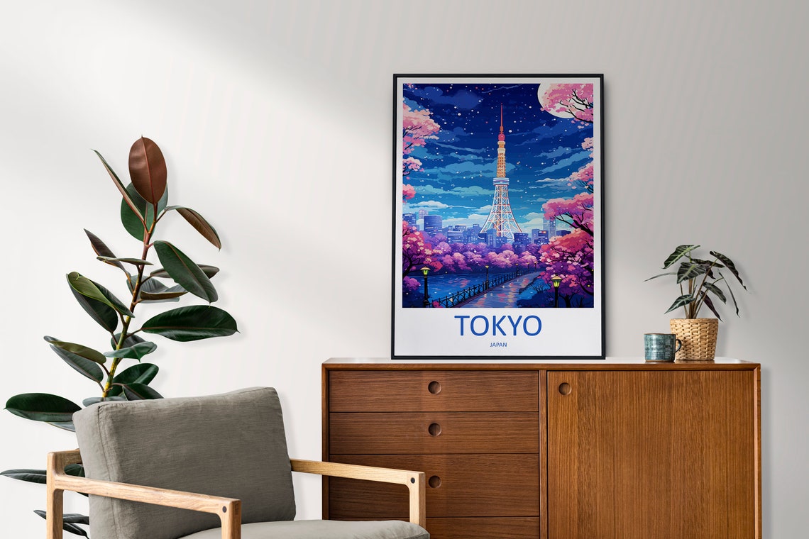 Tokyo Tower Cherry Blossoms Night Skyline Japan Travel Poster - Image 2
