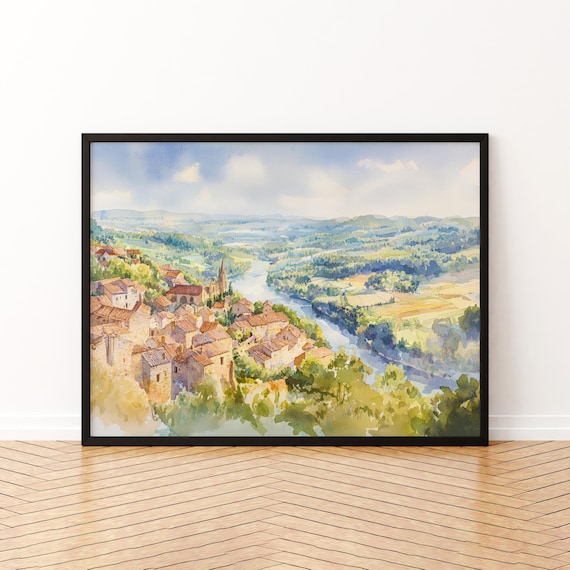 Dordogne Valley France River Village Watercolor Travel Poster