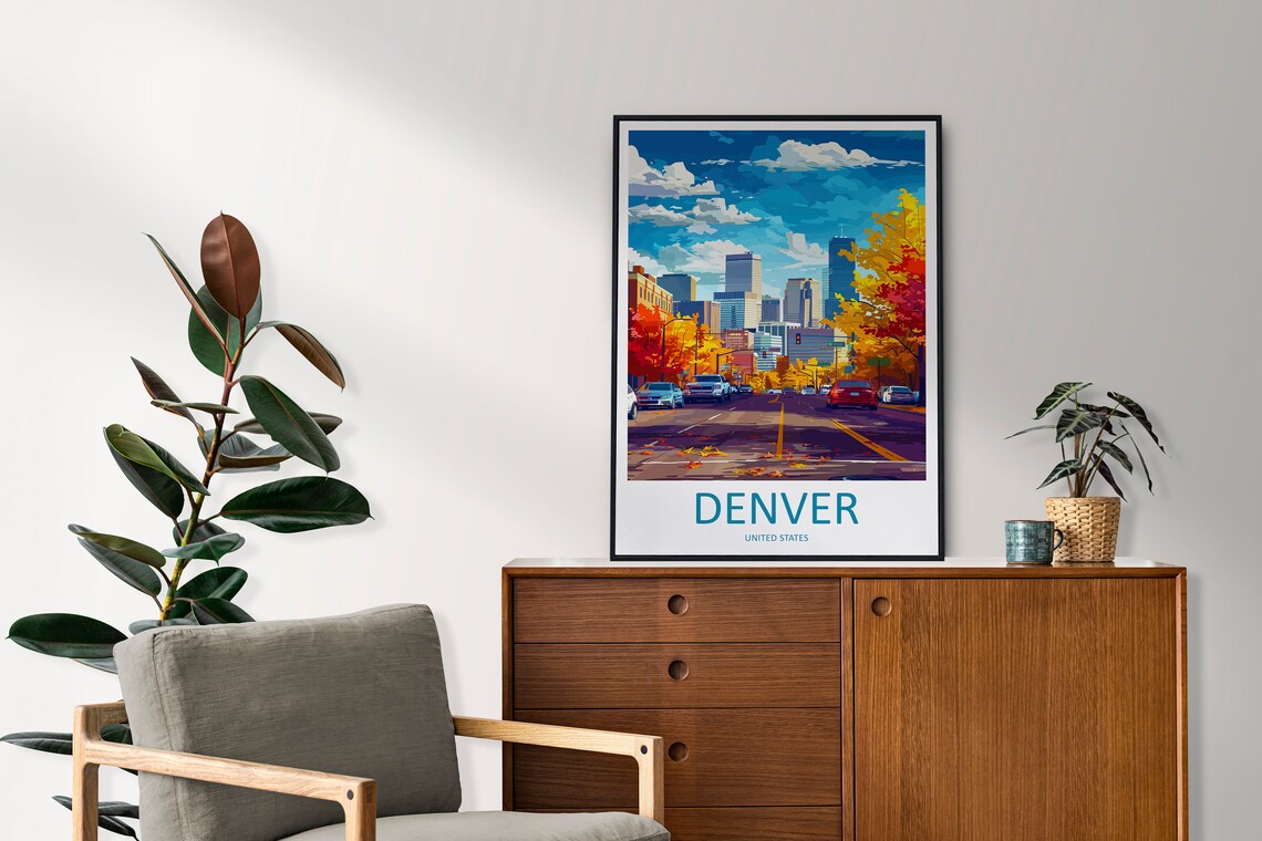 Denver Colorado Autumn Skyline Street Fall Colors City Travel Poster - Image 2
