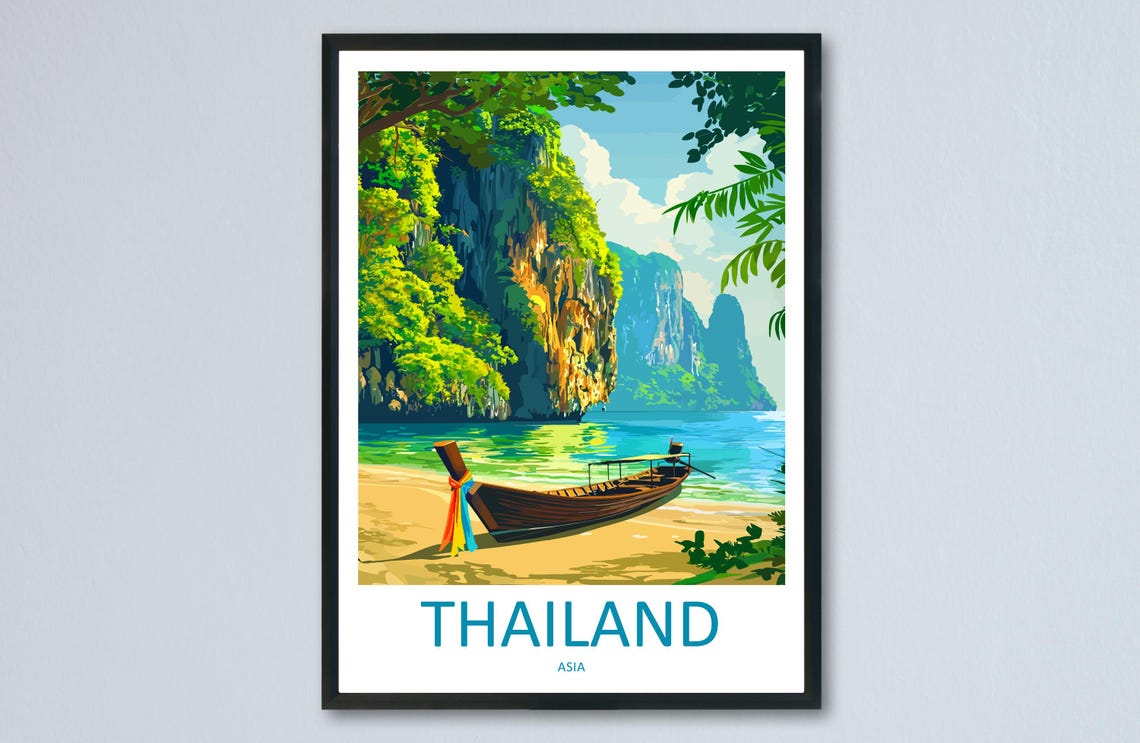 Thailand Longtail Boat Beach Limestone Cliffs Asia Travel Poster