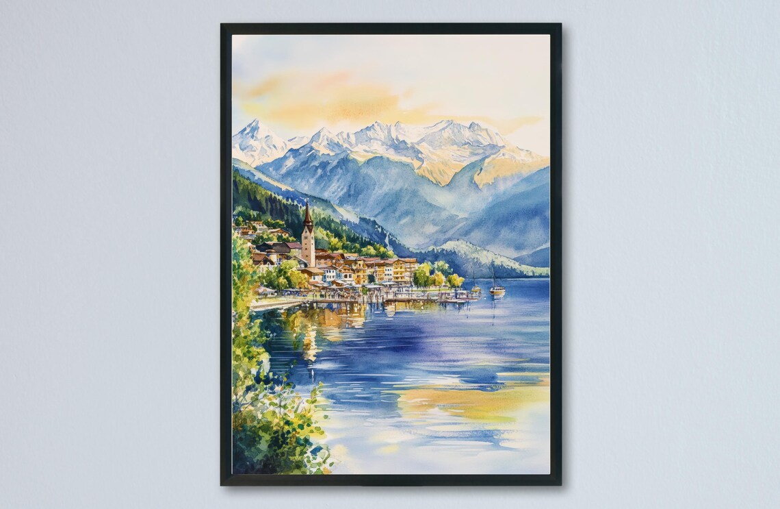 Zell am See Alpine Lake Town Church Snow Peaks Watercolor Poster