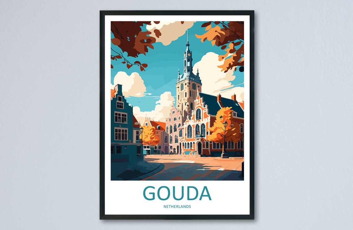 Gouda Netherlands Historic Old Town Hall Vintage Travel Poster