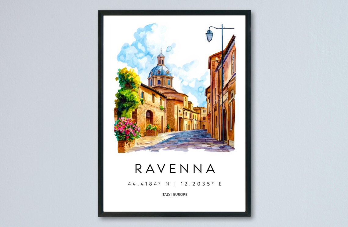 Ravenna Italy Historic Street Blue Dome Watercolor Travel Poster