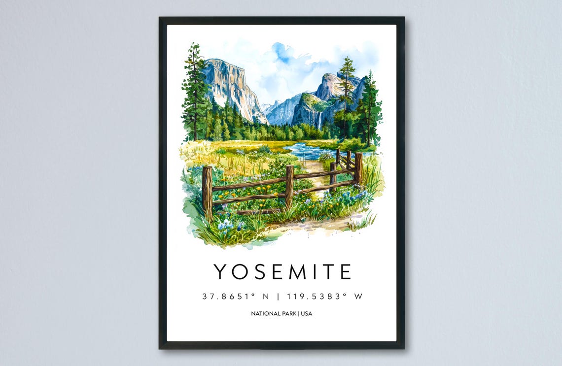 Stunning Yosemite Valley National Park Watercolor Travel Poster
