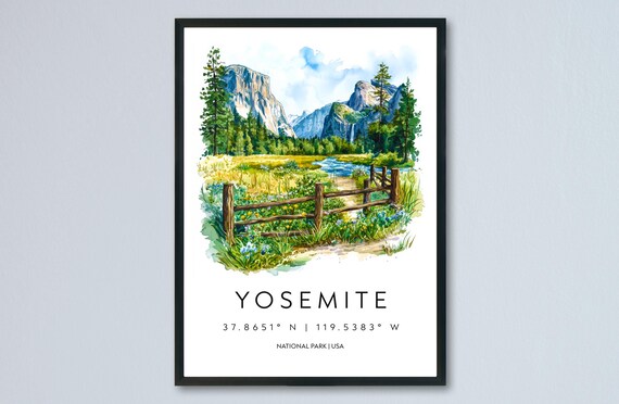 Stunning Yosemite Valley National Park Watercolor Travel Poster