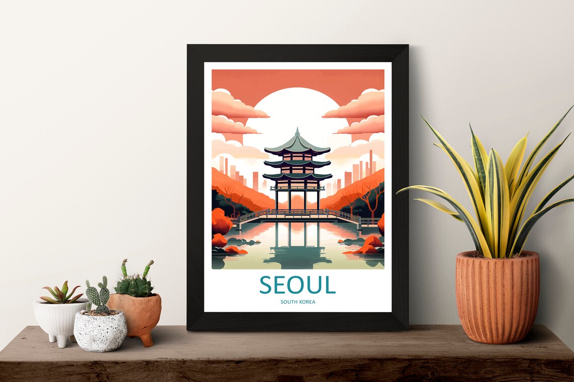Seoul South Korea Pagoda Sunset Lake Reflection Travel Poster - Image 3