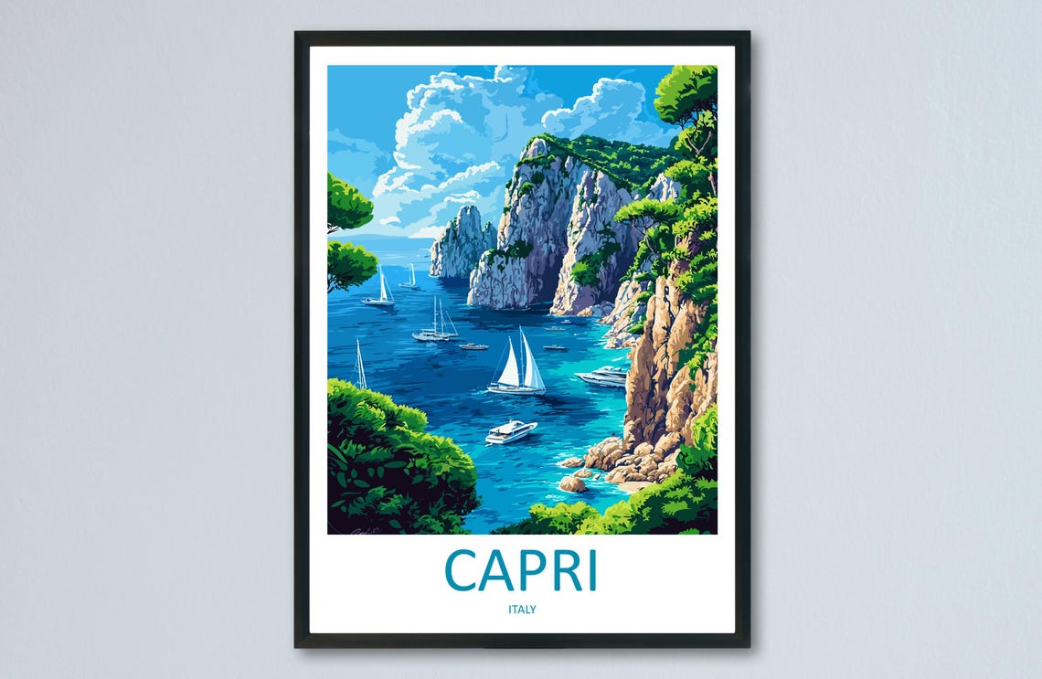 Capri Italy Faraglioni Cliffs Sailboats Blue Sea Island Travel Poster