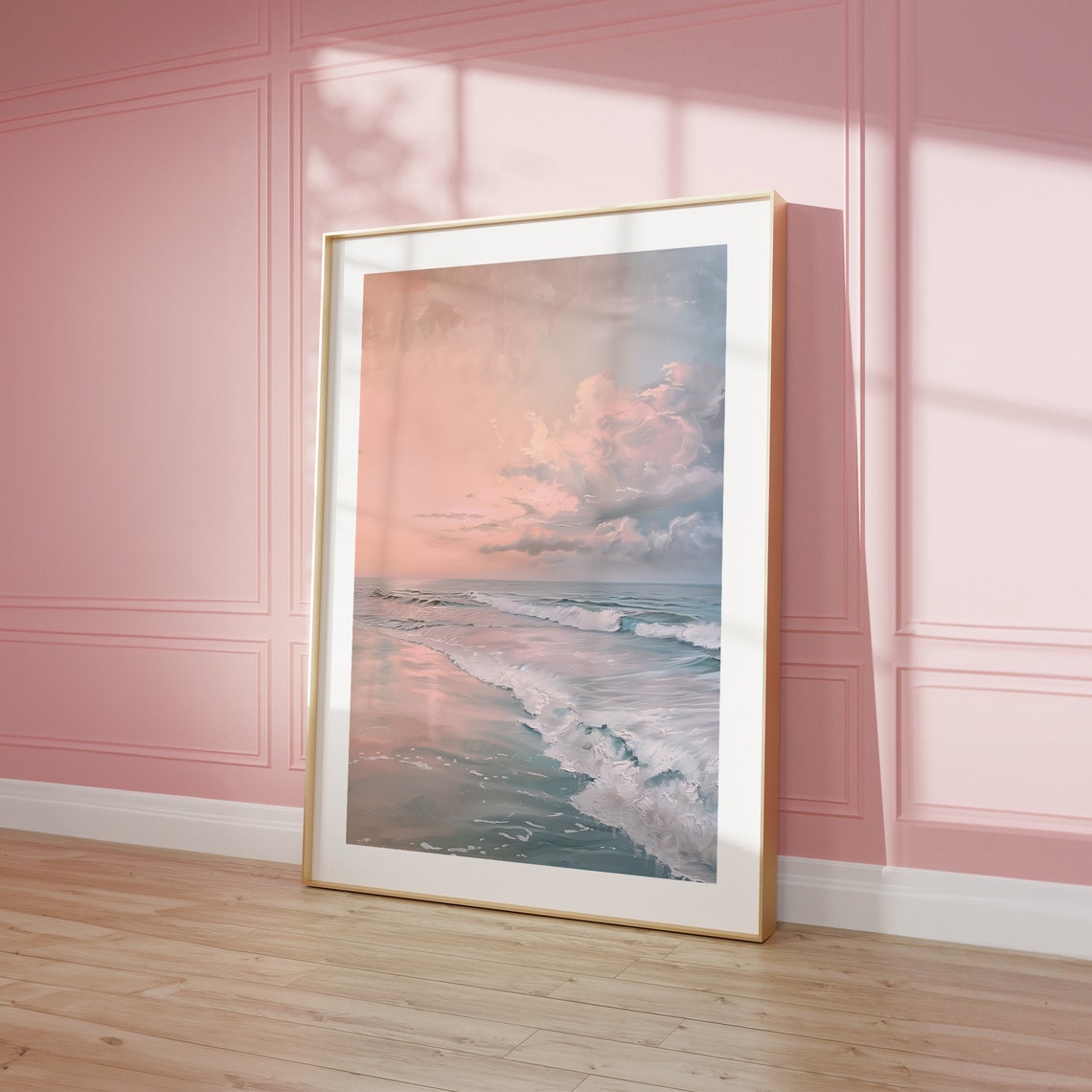 Sunset Serenity Pink Coastal Beach Oil Painting Style Poster