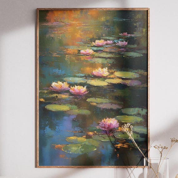 Water Lilies Print Impressionist Floral Art Pond Flower Painting Nature Wall Monet Style Decor