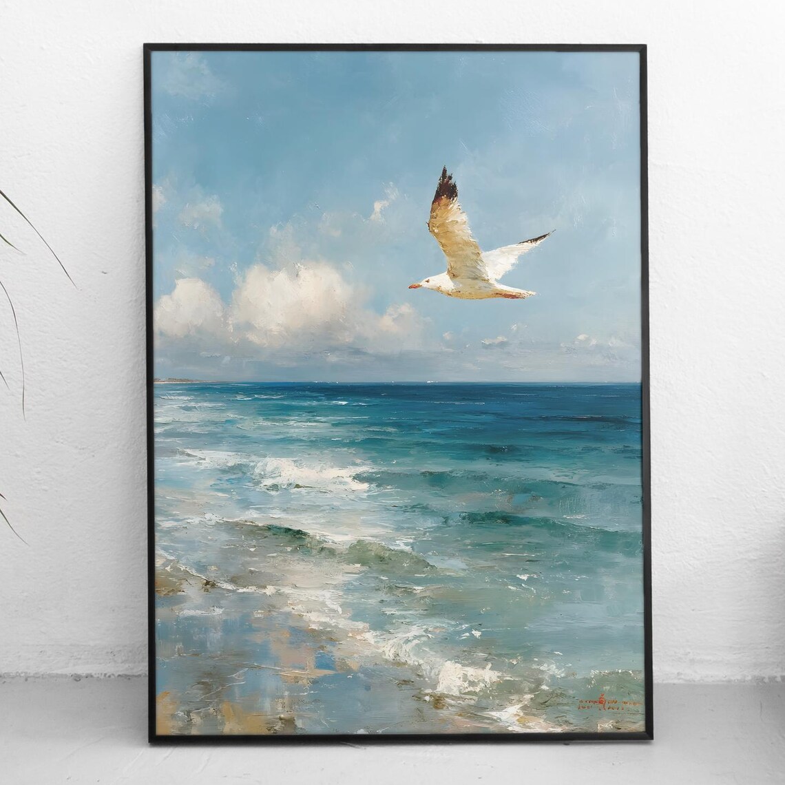 Seagull Soaring Over Ocean Waves Coastal Painting Art Poster
