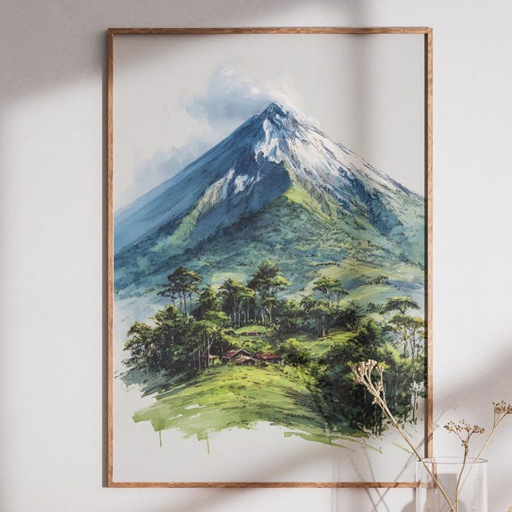 Watercolor Mountain Landscape Print Snowy Peak Forest Scenery Wall Art Nature Village Artwork Rustic