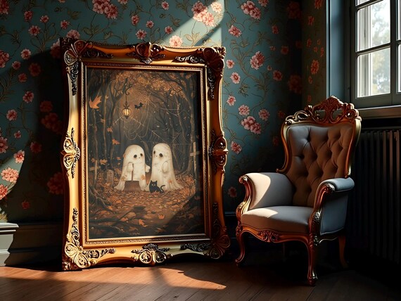 Cute Ghosts With Cat Art Print Whimsical Halloween Wall Decor Cozy Autumn Forest Painting Vintage Png