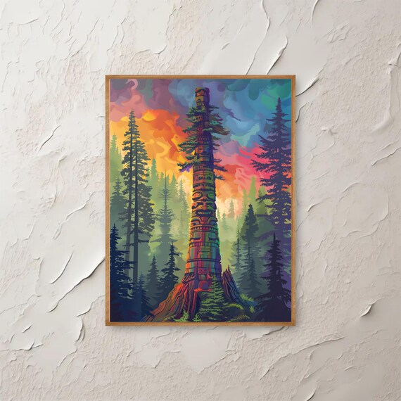 Totem Pole Pine Forest Vivid Sunset Colorful Landscape Art Print