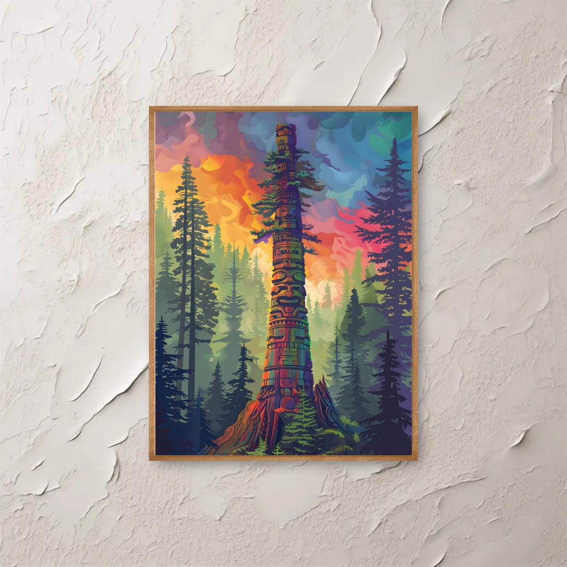 Totem Pole Pine Forest Vivid Sunset Colorful Landscape Art Print