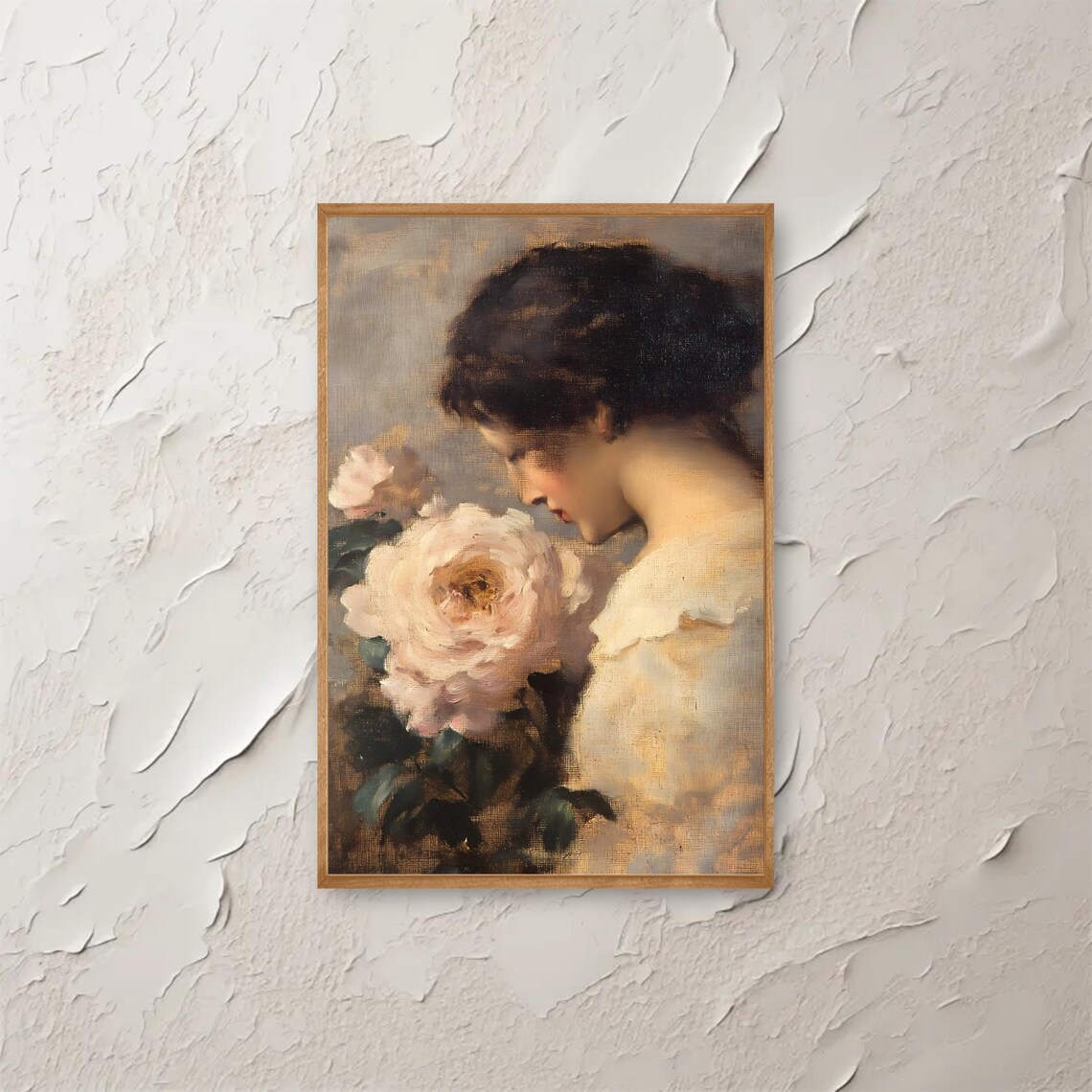 Woman in Profile Smelling a Large White Rose Vintage Painting Poster