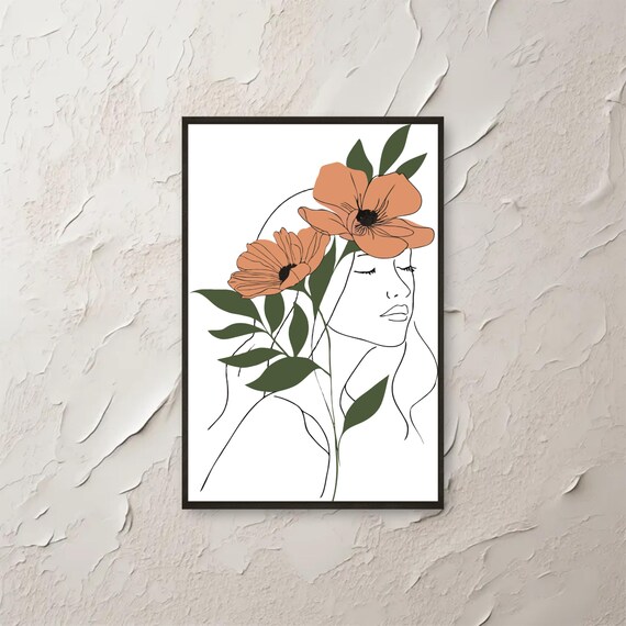 Boho Woman Line Art Wall Minimalist Botanical Floral Face Poster Abstract Modern Drawing Print Instant Png File