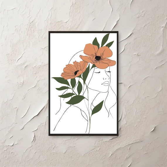 Woman Line Art Peach Poppies Green Leaves Minimalist Boho Poster