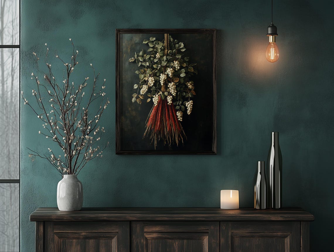 Hanging White Berries Botanical Bouquet on Dark Minimal Art Poster - Image 4