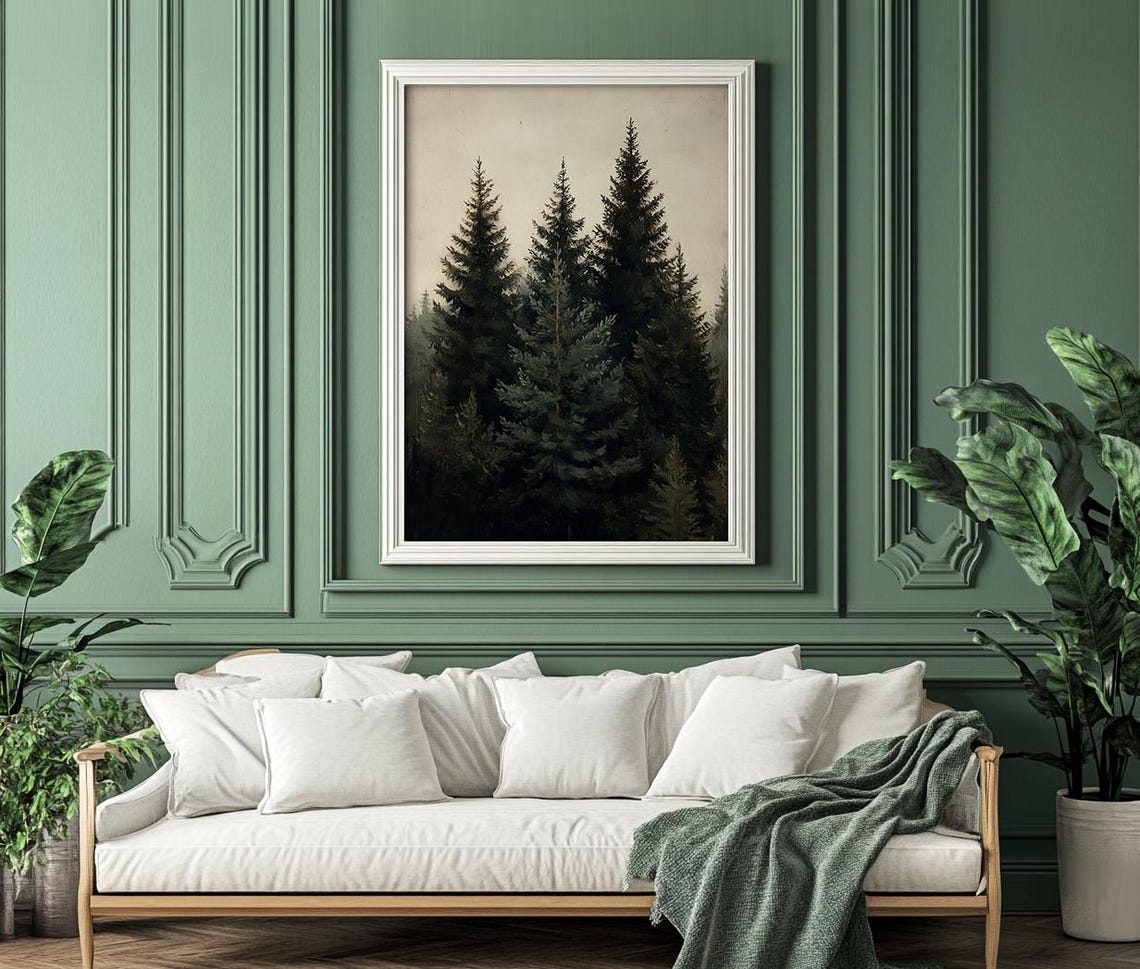 Vintage Forest Painting Rustic Pine Tree Wall Art Moody Dark Green Wall Decor Dark Academia Print 24 - Image 6