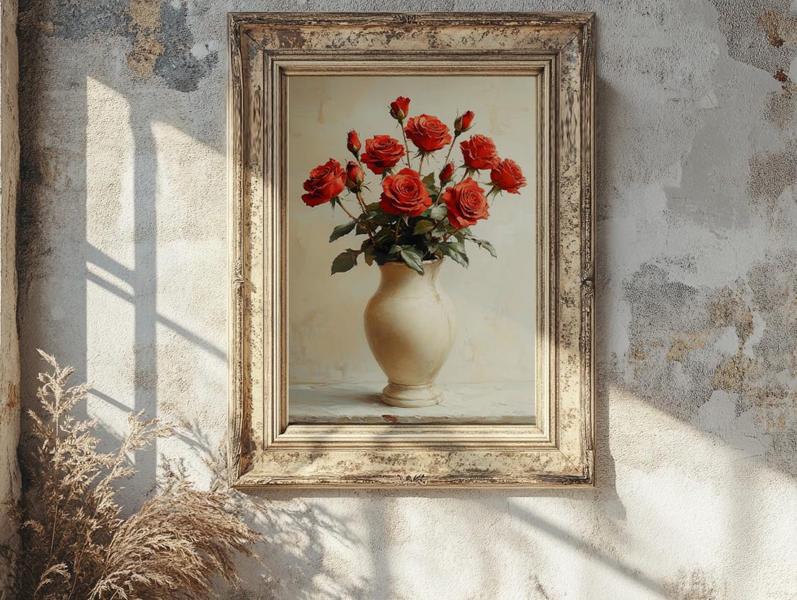 Lush Red Roses in a White Ceramic Vase Classic Floral Poster - Image 4