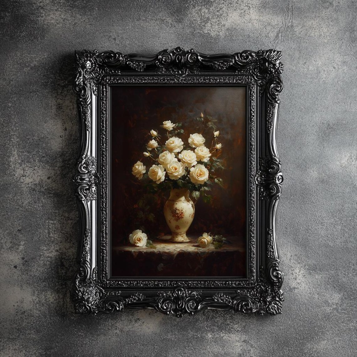 White Roses In Vintage Porcelain Vase Moody Floral Oil Painting Poster - Image 5