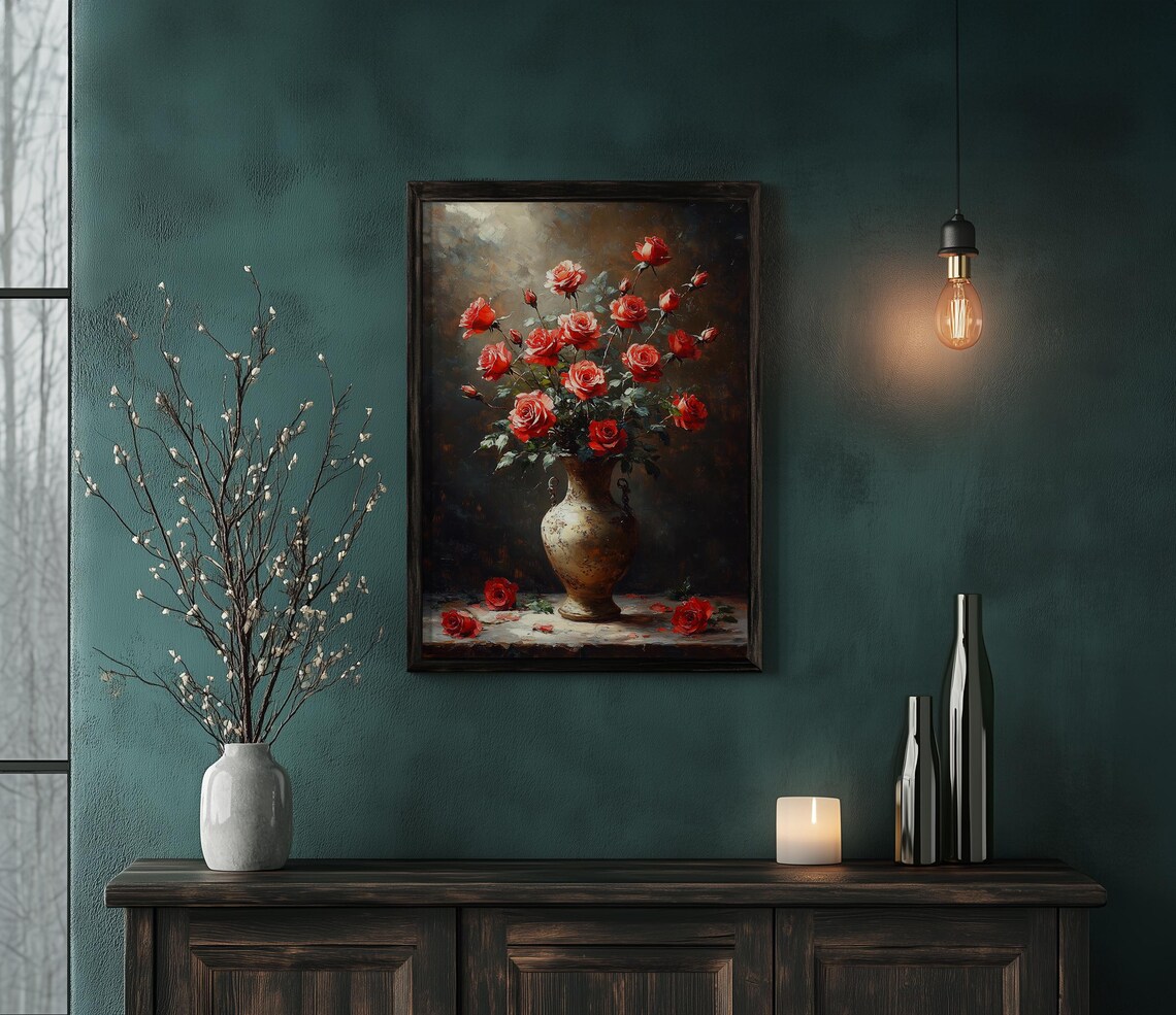Moody Scarlet Red Roses in an Antique Gold Vase Still Life Poster - Image 2