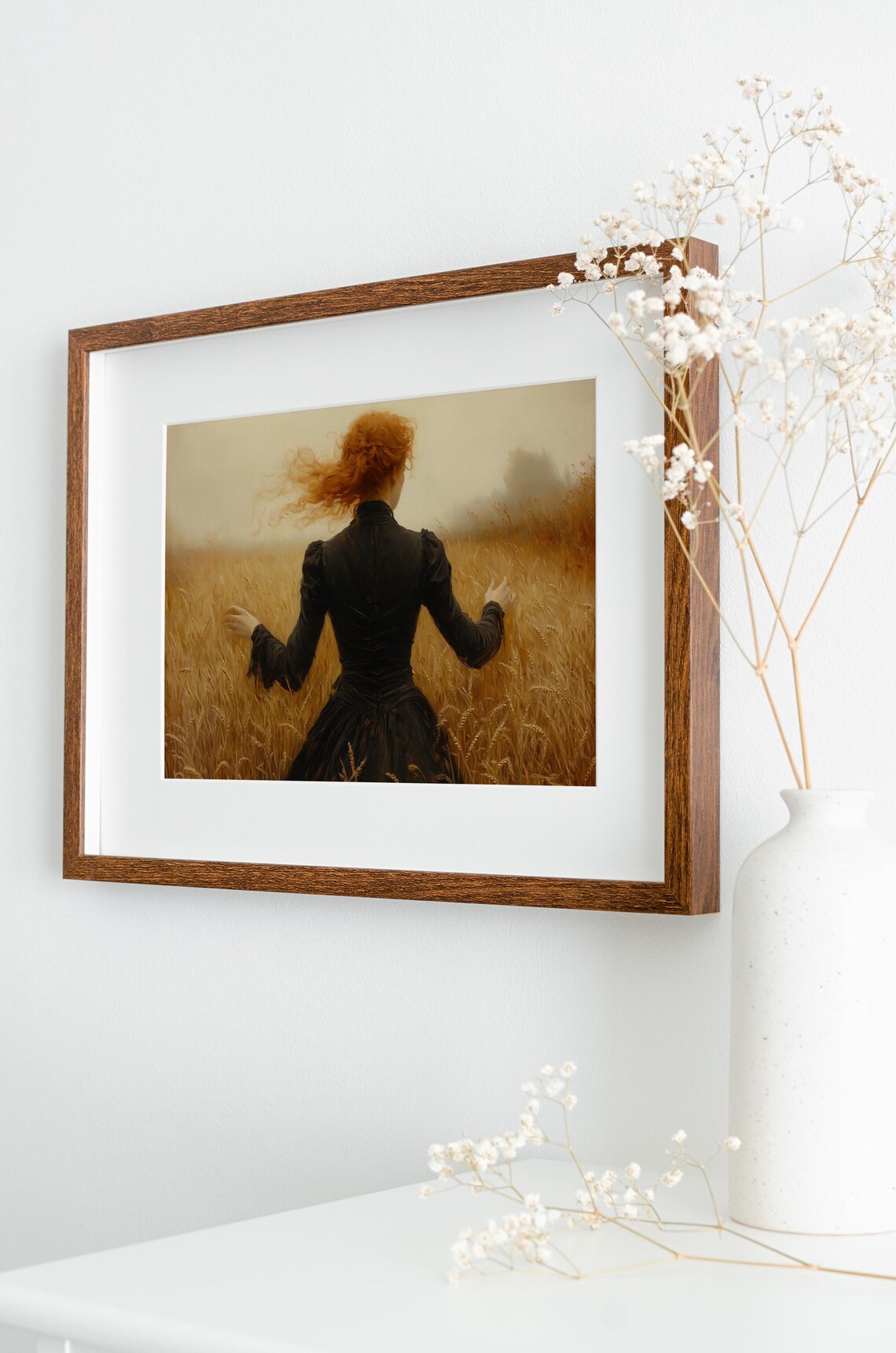 Auburn Haired Woman In Black Gown Facing Golden Wheat Field Dusk Poster - Image 4