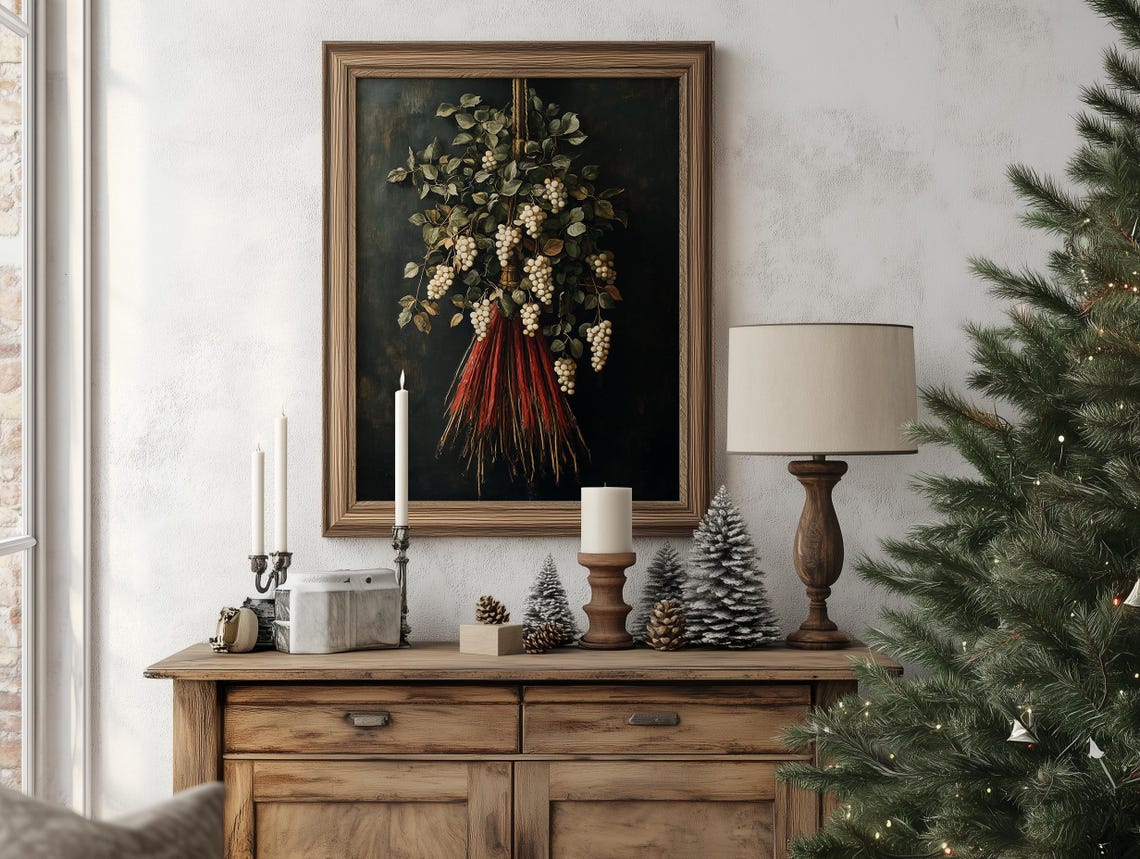 Hanging White Berries Botanical Bouquet on Dark Minimal Art Poster - Image 5