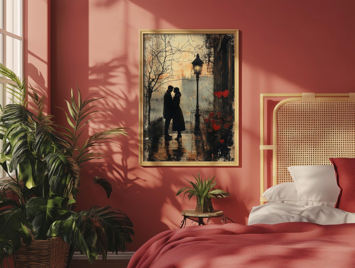 Romantic City Lovers Kiss on a Rainy Lamplit Street at Night Poster - Image 6